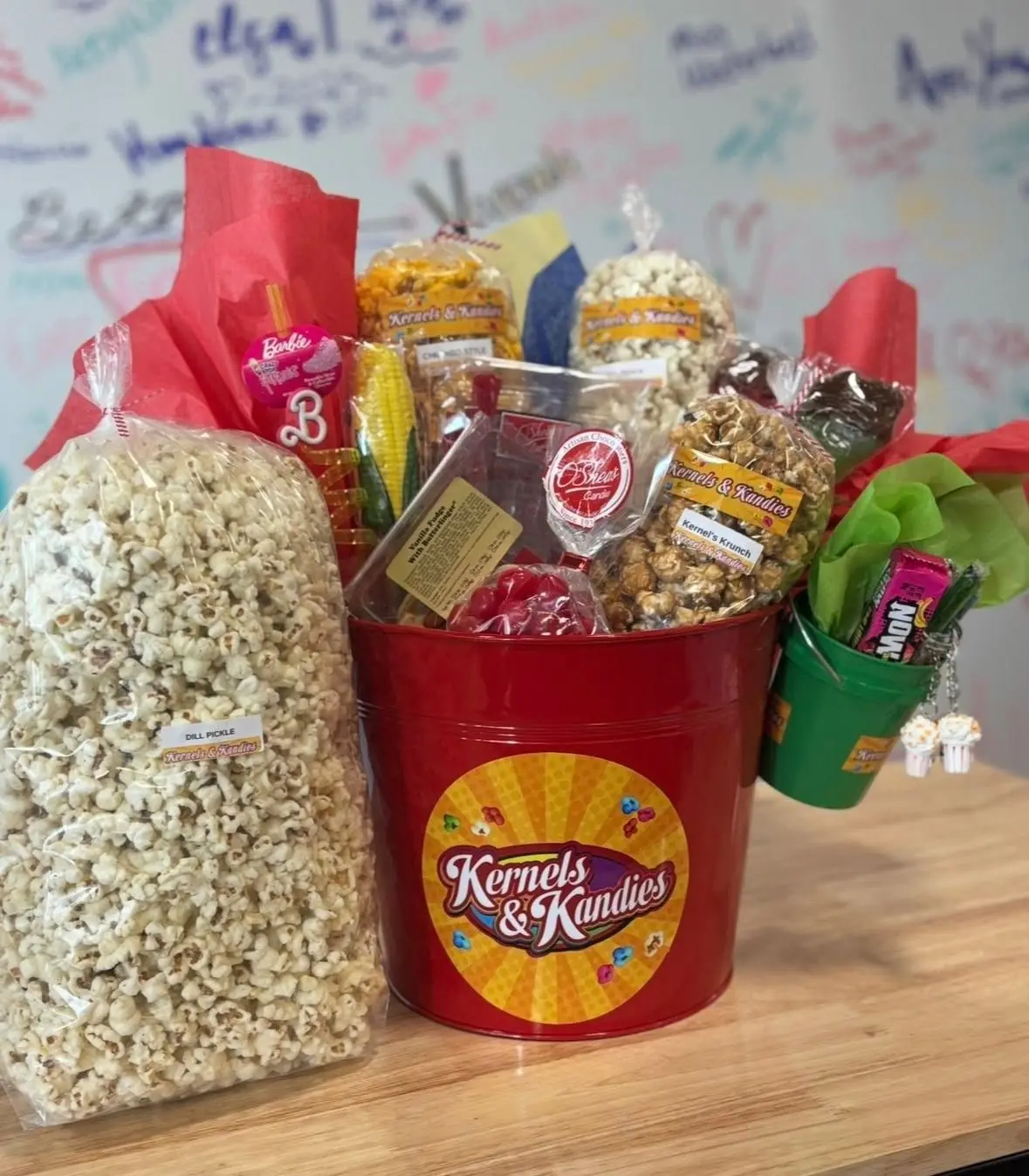 Gift basket with dill pickle popcorn and Kernel's Krunch